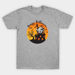 Dalmatian Dog Head with Haunted Mansion and Happy Halloween Sign T-Shirt